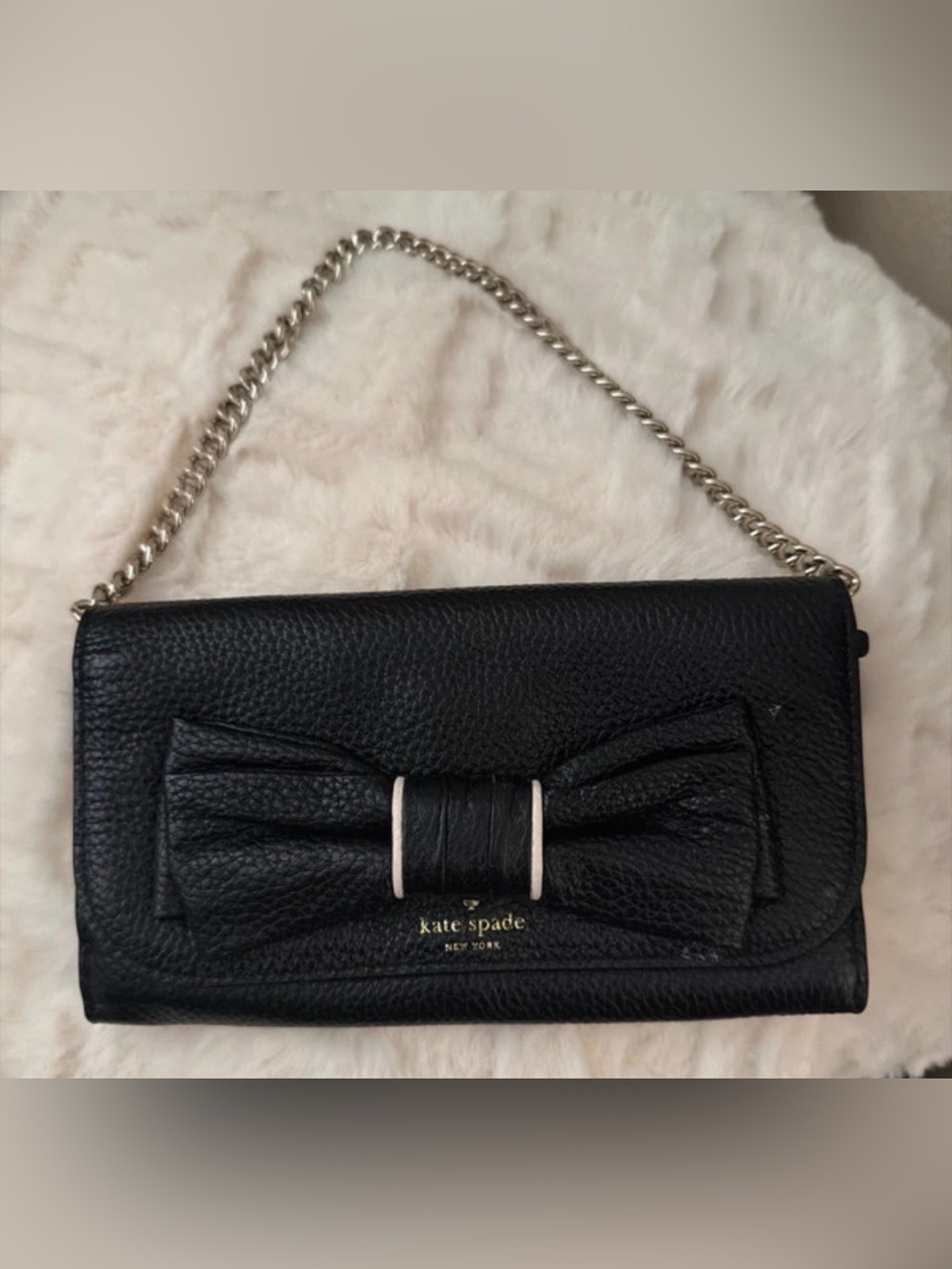 kate spade Black Pebbled Leather Bow Chain Clutch